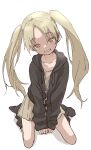  1girl absurdres black_jacket collarbone commentary_request eyebrows_visible_through_hair full_body highres jacket long_hair long_sleeves looking_at_viewer orange_eyes original simple_background sitting smile socks solo twintails white_background yamamoto_souichirou zipper 