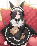  1girl absurdres alternate_costume animal_ears black_hair blush coco_(coco_rr) commentary_request couch gothic_lolita hair_over_one_eye headband highres horse_ears horse_girl lolita_fashion open_mouth rice_shower_(umamusume) sitting stuffed_animal stuffed_toy teddy_bear umamusume valentine violet_eyes 