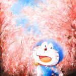  1boy bell cat cherry_blossoms collar commentary_request doraemon doraemon_(character) jingle_bell looking_back male_focus mochizuki_tagosaku open_mouth outdoors petals robot sky solo whiskers 