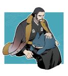 1boy beard black_hair facial_hair fur-trimmed_jacket fur_trim hands jacket jacket_on_shoulders japanese_clothes kamado_(pokemon) looking_at_another male_focus mature_male munchlax mustache patterned_clothing pokemon pokemon_(creature) pokemon_(game) pokemon_legends:_arceus short_hair sideburns sitting sitting_on_lap sitting_on_person smile thick_eyebrows zoo_(oukakumaku) 