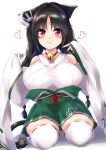  1girl anchor_hair_ornament animal_ears azur_lane bell black_hair blush braid breasts cat_ears detached_sleeves eyebrows_visible_through_hair green_hakama hair_ornament hakama hakama_skirt heart highres ibara_azuki japanese_clothes jingle_bell kimono lips looking_at_viewer ooshio_(azur_lane) red_eyes shadow sitting skirt smile thigh-highs twin_braids wariza white_background white_legwear 