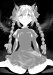  1girl bangs braid breasts closed_mouth dress greyscale long_hair looking_at_viewer monochrome polpol solo touhou twin_braids 