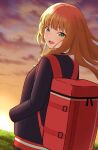  1girl backpack bag bangs black_jacket blazer blush clouds eyebrows_visible_through_hair from_behind green_eyes gridman_universe highres jacket looking_at_viewer looking_back minami_yume open_mouth school_uniform sky smile solo ssss.dynazenon sunset taiyoshi 