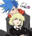  2boys androgynous black_gloves blue_hair crossed_arms earrings eyebrows_visible_through_hair galo_thymos gloves green_hair hanezo heart highres hood hood_down hug hug_from_behind jewelry lio_fotia male_focus multiple_boys open_mouth promare short_hair sidecut simple_background single_earring violet_eyes white_background 