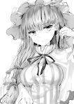  1girl bangs breasts dress eyebrows_visible_through_hair greyscale hat large_breasts long_hair looking_at_viewer mob_cap monochrome patchouli_knowledge polpol ribbon solo striped striped_dress touhou upper_body vertical-striped_dress vertical_stripes 