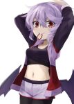  1girl adjusting_hair akisome_hatsuka alternate_costume arms_up black_legwear cowboy_shot hair_between_eyes jacket long_sleeves looking_at_viewer low_wings midriff mouth_hold navel no_hat no_headwear open_clothes pantyhose purple_hair red_eyes remilia_scarlet shorts simple_background smile solo touhou white_background wings 