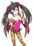  1girl animal_print arm_behind_head arm_up bare_shoulders black_hair blush breasts clothing_cutout demon_girl demon_wings detached_sleeves feet_out_of_frame gengorou glowing glowing_eyes hand_on_hip head_tilt heart_cutout highres idolmaster idolmaster_cinderella_girls leopard_print leotard long_hair looking_at_viewer matoba_risa pantyhose parted_lips pink_leotard print_legwear sidelocks simple_background small_breasts smile solo strapless strapless_leotard twintails white_background wing_hair_ornament wings yellow_eyes 