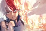  1boy blue_eyes boku_no_hero_academia burn_scar dutch_angle eyes_visible_through_hair fire grey_eyes heterochromia highres ice male_focus multicolored_hair nakamu_405 open_mouth reaching_out redhead scar scar_on_face smoke solo split-color_hair todoroki_shouto twitter_username two-tone_hair white_hair 