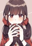  1girl absurdres bangs blush bow bowtie brown_hair closed_mouth danganronpa_(series) danganronpa_v3:_killing_harmony eyebrows_visible_through_hair grey_background hair_ornament hair_scrunchie hana_no_yo harukawa_maki highres long_hair long_sleeves looking_at_viewer mole mole_under_eye nail_polish red_eyes red_nails red_scrunchie red_shirt scrunchie shiny shiny_hair shirt solo upper_body 