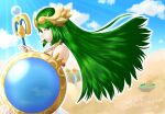  1girl armlet bangs bare_shoulders dress goddess gold green_hair highres jewelry kid_icarus kid_icarus_uprising long_hair looking_at_viewer neck_ring necklace palutena parted_bangs pendant shield side_slit solo staff strapless strapless_dress vambraces 
