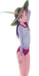  1girl arm_up buruma commentary flower green_headwear hand_on_own_head hat hat_feather hat_flower highres long_hair long_sleeves looking_to_the_side open_mouth original season_(artist) simple_background solo standing white_background 