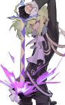  1boy androgynous bandage_on_face bandages belt black_belt black_gloves black_pants clenched_hand fire gloves green_hair half_gloves hanezo holding holding_sword holding_weapon lio_fotia looking_at_viewer male_focus pants promare purple_fire short_hair simple_background solo sword violet_eyes weapon white_background 