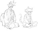  2boys androgynous animal_ear_request animal_ears cat_boy cat_tail eyebrows_visible_through_hair galo_thymos greyscale hanezo highres japanese_clothes lio_fotia male_focus mohawk monochrome multiple_boys on_floor promare seiza short_hair sidelocks simple_background sitting smile spiky_hair tail white_background 