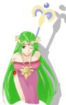  1girl alternate_color alternate_costume armlet bangs bare_shoulders breasts dress forehead_jewel goddess gold green_hair jewelry kid_icarus kid_icarus_uprising large_breasts laurel_crown long_hair neck_ring necklace palutena parted_bangs pendant pink_dress side_slit solo staff strapless strapless_dress super_smash_bros. vambraces very_long_hair 
