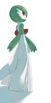  1girl bangs bob_cut colored_skin from_behind full_body gardevoir green_hair green_skin highres horezai looking_at_viewer looking_back multicolored_skin pokemon pokemon_(creature) red_eyes short_hair simple_background solo standing two-tone_skin white_background white_skin 