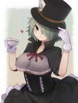 1girl bangs black_headwear black_souls breasts brown_eyes commentary_request cup gloves green_hair hand_on_headwear hand_on_own_head hat hatter_(black_souls) heart highres holding holding_cup large_breasts looking_at_viewer one_eye_covered short_hair simple_background smile solo top_hat under_boob white_gloves yonaga_san