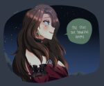  1girl breasts brown_hair dorothea_arnault dress earrings eine_(eine_dx) english_text fire_emblem fire_emblem:_three_houses green_eyes jewelry large_breasts long_hair night night_sky red_dress sky solo star_(sky) starry_sky tagme 