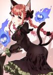  1girl animal_ears ass black_bow black_dress blush bow braid breasts cat_ears cat_tail dress fire hair_bow hitodama juliet_sleeves kaenbyou_rin long_hair long_sleeves looking_at_viewer multiple_tails polpol puffy_sleeves red_eyes redhead solo tail touhou twin_braids two_tails 