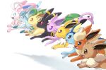  :d closed_mouth commentary_request eevee espeon fang flareon from_side glaceon happy jolteon leafeon nako_(nekono_shippo75) no_humans open_mouth pokemon pokemon_(creature) smile sylveon tongue umbreon vaporeon white_background 