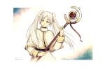 1girl aoharuto artist_name belt capelet dated earrings frieren holding holding_staff jewelry long_hair long_sleeves looking_at_viewer pointy_ears simple_background skirt solo sousou_no_frieren staff twintails white_background white_capelet white_hair white_skirt 