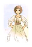  1girl aoharuto artist_name borrowed_character brown_eyes brown_hair clenched_hand dated dress hands_on_hips highres long_sleeves looking_at_viewer mai_(riku) short_hair simple_background smile standing white_dress 