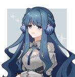  1girl :3 arknights astesia_(arknights) blue_eyes blue_hair blue_ribbon blush border braid closed_mouth collared_shirt corset grey_background grey_shirt hair_intakes highres long_hair long_sleeves mabing neck_ribbon outside_border ribbon shirt sidelocks simple_background smile smug solo sparkle upper_body very_long_hair white_border 