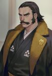  1boy beard black_hair blurry blurry_background brown_eyes facial_hair frown fur-trimmed_jacket fur_trim jacket japanese_clothes kamado_(pokemon) lapel_pin logo looking_to_the_side male_focus mature_male mustache patterned_clothing pokemon pokemon_(game) pokemon_legends:_arceus short_hair sideburns solo thick_eyebrows zoo_(oukakumaku) 