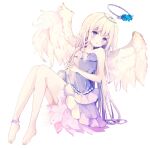  1girl :o bangs bare_arms bare_shoulders barefoot blonde_hair blue_flower blue_rose blush commentary dress eyebrows_visible_through_hair feathered_wings flower full_body halo highres knees_up long_hair looking_at_viewer original parted_lips purple_dress rose simple_background sitting solo symbol-only_commentary tsukiyo_(skymint) very_long_hair violet_eyes white_background white_wings wings 