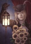  1girl ascot blonde_hair bloodborne blue_eyes cape coat flowe flower gem gloves hat hat_feather highres holding lady_maria_of_the_astral_clocktower long_hair looking_at_viewer ponytail simple_background solo sunflower the_old_hunters tricorne yueciel 