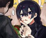  ... 1boy 1girl bangs black_hair black_nails black_sweater blue_eyes braid burger commentary english_commentary food frown hair_tie highres low_twin_braids original pink_nails short_hair siun_5513 spoken_ellipsis sweater triangle_mouth twin_braids watch 