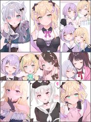  6+girls ^_^ aizawa_ema black_border black_bow black_choker black_headwear blonde_hair blue_dress blue_eyes blush border bow brown_hair cattleya_regina_games choker closed_eyes collage collarbone criss-cross_halter dress earrings ghost_hair_ornament green_eyes grey_hair hair_behind_ear hair_bow halterneck heterochromia highres iris_black_games jewelry kaga_nazuna kaga_sumire kurumi_noah lightning_bolt_symbol lupinus_virtual_games multicolored_hair multiple_girls open_mouth pink_hair purple_hair shain shinomiya_runa short_hair smile streaked_hair tachibana_hinano_(vtuber) twintails two-tone_hair two_side_up violet_eyes virtual_youtuber vspo! white_headwear yellow_eyes 