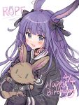  1girl animal_ears arknights black_bow black_gloves black_shirt bow character_name commentary_request dated ear_piercing gloves grey_eyes hair_bow happy_birthday highres holding holding_stuffed_toy long_hair long_sleeves looking_at_viewer meng_xue_necky piercing purple_hair rabbit_ears rope_(arknights) sailor_collar shirt signature simple_background solo stuffed_animal stuffed_bunny stuffed_toy upper_body very_long_hair white_background white_sailor_collar 