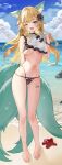  1girl ;d absurdres animal_ears artist_request bare_shoulders barefoot beach bikini black_bikini black_nails blonde_hair blue_eyes breasts commission day eungae fang flower fox_ears fox_girl fox_tail full_body hair_flower hair_ornament hand_up highres kitsune long_hair long_legs looking_at_viewer maplestory medium_breasts multi-strapped_bikini multiple_tails nail_polish navel one_eye_closed open_mouth original outdoors second-party_source smile solo standing stomach string_bikini swimsuit tail thighs 