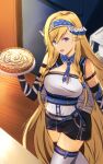  1girl :d absurdly_long_hair arknights arm_strap bangs bare_shoulders black_gloves black_skirt blonde_hair blue_eyes blue_hairband blue_necktie breasts commentary_request cowboy_shot elbow_gloves eyebrows_visible_through_hair food gloves hair_between_eyes hairband highres holding holding_food horns indoors long_hair looking_at_viewer medium_breasts miniskirt necktie open_mouth pointy_ears saileach_(arknights) shirt skirt smile solo standing tenjinmeshi thigh-highs very_long_hair white_legwear white_shirt zettai_ryouiki 