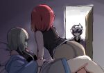  3girls ass black_hair blue_coat breasts coat door genderswap genderswap_(otf) green_hair highres implied_incest incest len&#039;en multiple_girls on_bed open_door ougi_hina pillow purple_coat redhead shitodo_aoji shitodo_hooaka shitodo_kuroji siblings small_breasts walk-in 