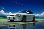  aircraft airplane blue_sky car clouds commentary contrail english_commentary flower from_below grass ground_vehicle headlight m.m_(chosuke320) motor_vehicle mountain no_humans original outdoors reflection reflective_water shadow signature sky subaru_(brand) subaru_impreza vehicle_focus wheel 