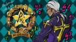  1boy checkered_background cross enrico_pucci grey_hair highres jojo_no_kimyou_na_bouken looking_at_viewer looking_back menacing_(jojo) priest pumpkinman solo solo_focus stone_ocean 