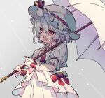  1girl brooch dress grey_background hat hat_ribbon highres holding holding_umbrella jewelry looking_at_viewer mob_cap open_mouth puffy_short_sleeves puffy_sleeves red_eyes red_ribbon remilia_scarlet ribbon short_hair short_sleeves solo touhou umbrella uni_(bom19850101) wrist_cuffs 
