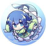 1girl bangs blue_eyes blue_hair bubble chibi closed_mouth eyebrows_visible_through_hair fish full_body green_kimono head_fins isu_(is88) japanese_clothes kimono long_sleeves looking_at_viewer looking_to_the_side mermaid monster_girl short_hair sidelocks smile solo touhou wakasagihime