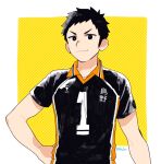  1boy black_eyes black_hair closed_mouth collar collared_shirt commentary_request haikyuu!! hand_on_hip looking_at_viewer male_focus sawamura_daichi shirt shitappa short_hair sideburns smile solo sportswear volleyball_uniform 