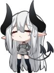  1girl =_= bangs bare_shoulders black_choker black_legwear black_panties bra_strap chibi choker closed_eyes demon_tail eyebrows_visible_through_hair full_body grey_sweater hands_on_hips highres huizhiyin long_sleeves multiple_tails no_pants off-shoulder_sweater off_shoulder original panties pointy_ears silver_hair simple_background solo standing sweatdrop sweater tail thigh-highs two_tails underwear white_background 