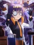  1girl :q absurdres closed_mouth dress eyebrows_visible_through_hair glasses gloves highres hololive hololive_english long_hair mad_rabbit necktie ninomae_ina&#039;nis orange_necktie purple_dress tako_(ninomae_ina&#039;nis) tentacle_hair tentacles tongue tongue_out virtual_youtuber 