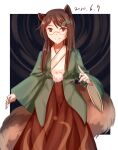 1girl animal_ears bangs border brown_eyes brown_hair cowboy_shot dated futatsuiwa_mamizou glasses highres japanese_clothes leaf leaf_on_head long_hair long_skirt long_sleeves looking_at_viewer minuo multicolored_background raccoon_ears raccoon_tail semi-rimless_eyewear skirt smile solo standing tail touhou under-rim_eyewear white_border yellow-framed_eyewear