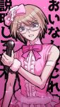  1boy absurdres bangs bare_shoulders blonde_hair blue_eyes blush bow bowtie center_frills collared_shirt commentary_request cosplay danganronpa:_trigger_happy_havoc danganronpa_(series) frills glasses hair_between_eyes hair_bow hair_ornament hairclip highres holding holding_microphone maizono_sayaka maizono_sayaka_(cosplay) male_focus microphone pink_background pink_bow pink_bowtie scrunchie shan_ji_jing_wu_(sngktry) shiny shiny_hair shirt short_hair solo togami_byakuya translation_request upper_body wrist_scrunchie 