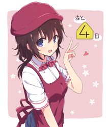  1girl apron brown_hair commentary_request copyright_request eyebrows_visible_through_hair hair_between_eyes hat heart highres looking_at_viewer mel_(melty_pot) open_mouth pink_background red_apron shirt short_sleeves smile solo two-tone_background v violet_eyes white_background white_shirt 