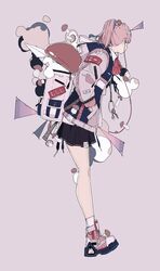  1girl backpack bag black_skirt commentary_request daisukerichard earphones highres hood jacket key_necklace long_sleeves looking_away miniskirt mushroom original paper_airplane pink_background pink_jacket ponytail shoes short_ponytail skirt smoke socks solo white_legwear 