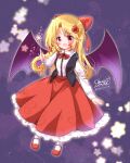  1girl bat_girl bat_wings black_vest blonde_hair blush bow center_frills collared_shirt commentary_request demon_wings elis_(touhou) facial_mark frilled_skirt frills hair_bow highres long_hair long_skirt long_sleeves mary_janes open_clothes open_mouth open_vest pointy_ears purple_wings red_bow red_footwear red_skirt shirt shoes skirt star_(symbol) star_wand touhou touhou_(pc-98) vest violet_eyes wand white_legwear wings yurufuwa_milk 