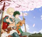  2boys abs absurdres bakugou_katsuki belt blonde_hair boku_no_hero_academia brown_belt brown_gloves cape cherry_blossoms day earrings fingerless_gloves freckles fur_trim gloves green_cape green_hair green_pants highres holding holding_petal jewelry male_focus midoriya_izuku multiple_boys no_control outdoors pants petals red_cape red_eyes sheath sheathed sky smile spiky_hair standing sword tree weapon 
