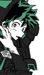  1boy absurdres black_gloves boku_no_hero_academia freckles glove_in_mouth gloves green_eyes green_hair highres hood hood_up looking_at_viewer male_focus midoriya_izuku mouth_hold no_control scar scar_on_arm scar_on_hand simple_background solo spot_color white_background 