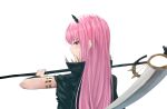  1girl abi_(user_nzav7333) armlet from_side highres holding holding_scythe hololive hololive_english horns long_hair mori_calliope pink_hair profile red_eyes scythe shiny shiny_hair simple_background solo straight_hair upper_body very_long_hair virtual_youtuber white_background 